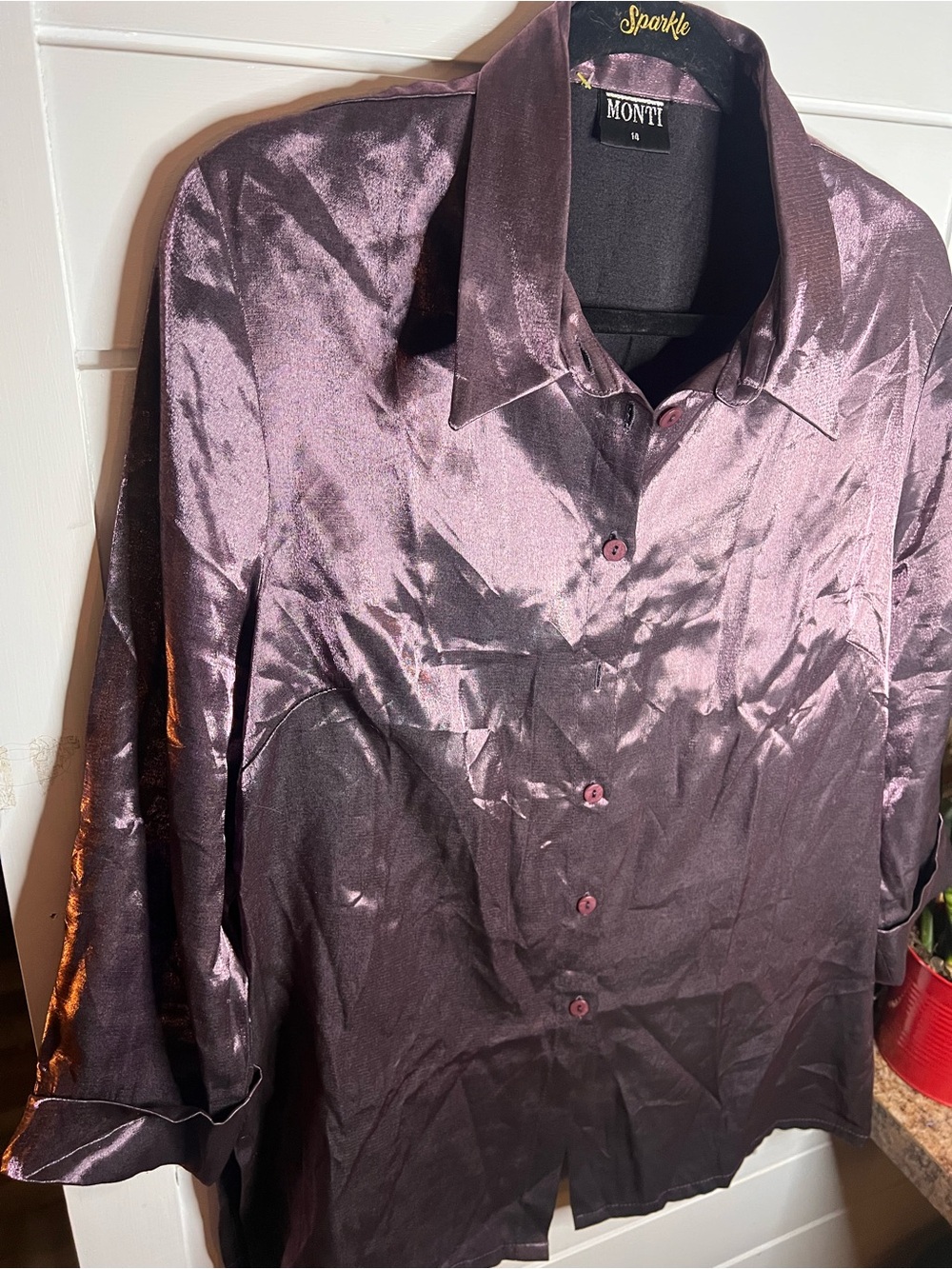 Vintage MONTI Iridescent Metallic Shimmer Blouse Purple Size 14 Y2K